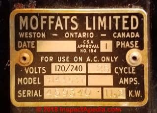 Moffats Limited electric stove data tag with date model serial number (C) InspectAapedia.com