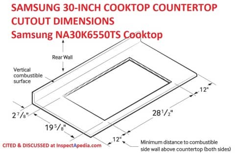 Samsung 30-inch cooktop cutout dimensions cited & discussed at InspectApedia.com