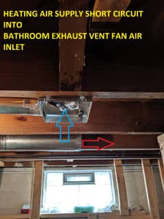 Heating air supply outlet distance to return air or exhaust vent fan inlet (C) InspectApedia.com Darrell