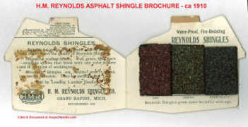 Green asphalt roof shingles from an H.M. Reynolds Shingle Co. catalog circa 1910 cited & discussed at Inspectapedia.com