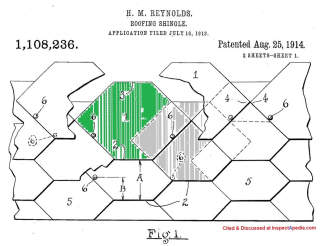 HM Reynolds 1914 hexagonal shingle patent cited & discussed at InspectApedia.com