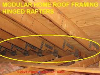 Modular home roof framing - rafter hinged for lifting after home section has been set (C) InspectApedia.com Kahn Dovber