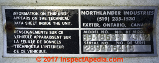 Data tag / label on a 1989 Northlander Industries Park Model Trailer - Supremen model (C) InspectApedia.com with thanks to Norhtlander Industries http://northlanderindustries.com/  