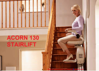 Acorn Model 130 stairlift for straight stairs - cited & discussed at InspectApedia.com
