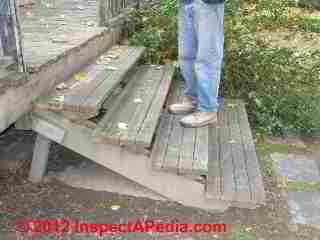 Collapsing exterior deck steps © D Friedman at InspectApedia.com 