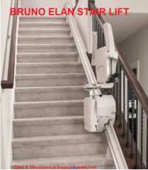 Bruno Elan stair lift cited & discussed at InspectApedia.com