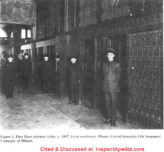Elevators, Guaranty Buiilding, Buffalo NY in 1897 - cited & discussed at InspectApedia.com