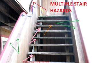 Multiple defects and hazards at this stairway may have contributed to a stair-fall and injuries (C) InspectApedia.com