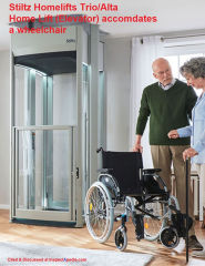 Stiltz home lift (elevator) can accomodate a wheelchair - cited & discussed at InspectApedia.com