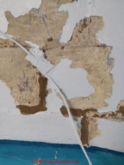 Peeling paint on cncrete block foundation. (C) InspectApedia.com Evan