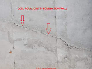 Cold pour joint in a concrete wall be cosmetic-only if the wall is properly constructed (reinforced) and there are no leaks (C) InspectApedia.com Sg