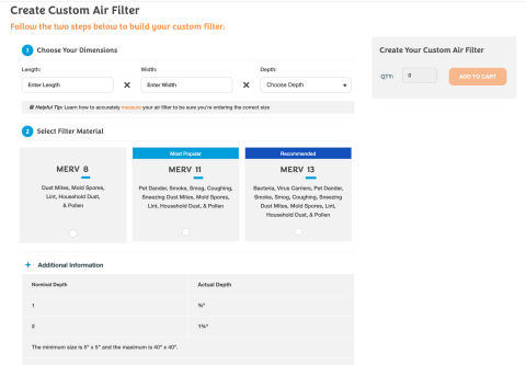 Online order form exaple for ordering a custom-sized air filter - cited & discussed at InspectApedia.com