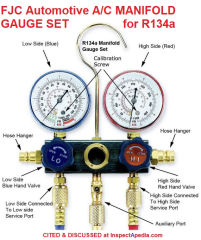 FJC Automotive air conditioning manifold gauge set cited & discussed at InspectApedia.com where we include instruction manuals for refrigerant gauge sets