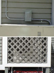 Unsafe lattice cover prevents access to disconnect switch (C) InspectApedia.com Anon411