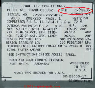 RUUD air conditioner compressor unit data tag (C) InspectApedia.com