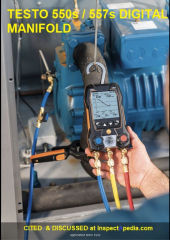 Testo 550s 557s digital manifold gauge set for monitoring refrigerant pressure - cited & discussed at InspectApedia.com