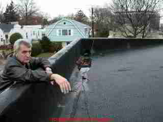 Photo of a bad roof, alligatored roof coating, roll roofing run up the parapet, home
inspection client looking-on