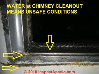 Water at chimnney cleanout means an unsafe chimney and various damages (C) InspectApedia.com AD