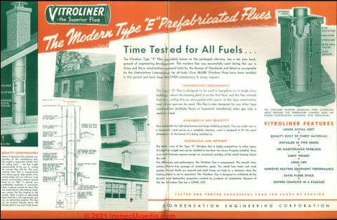 Vitroliner Type E insluated chimney in a 1948 brochure from the manufacturer, Condensing Engineering, cited and discussed at InspectApedia.com