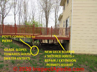 Deck framing with multiple questions or defects (C) InspectApedia.com Kahn DovBer