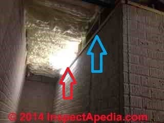 Areas of leaks along abutment of concrete porch to house (C) InspectApedia SK