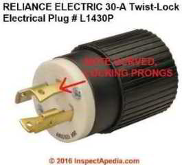Curved locking prong electrical plug rated for 30A (C) InspectApedia.com