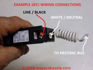 AFCI wiring details showing the black  and white circuit and white breaker wire connectcions (C) Daniel Friedman at InspectApedia.com