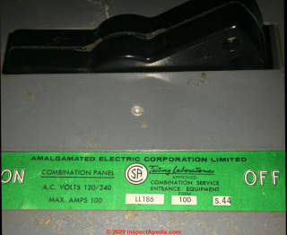 Amalgamated electrical panel label - may be stab-Lok? (C) InspectApedia.com Lolly