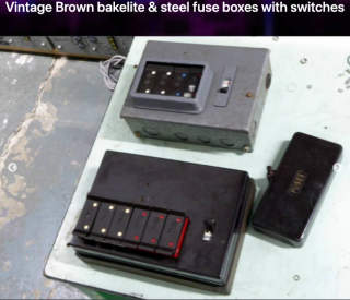 Bakelite fuse and switch boxes from Electroprops in Middlesex UK at InspectApedia.com
