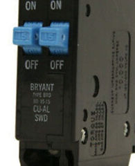 Bryant BD1515 circuit breaker at InspectApedia.com as sold on Amazon - blue toggle switch