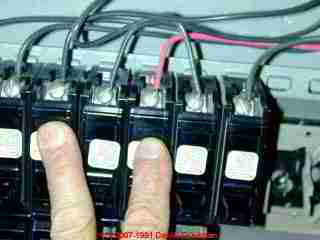 Photograph of improperly wired multi-wired branch circuit in a residential electrical panel.
