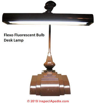 Flexo Fluorescent Bulb desk lamp with burned up transformers/ballasts and wires: suggestion for rebuilding with LED bulbs like the T8 fluorescent  LED replacements (C) InspectApedia.com Scotty