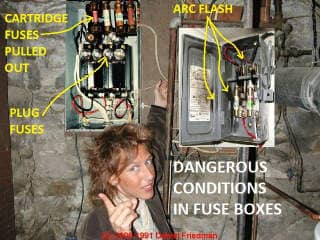 Dangerous conditions in fuse boxes or fuse panels - watch what you touch or you could be shocked or killed (C) Daniel Friedman at InspectApedia.com