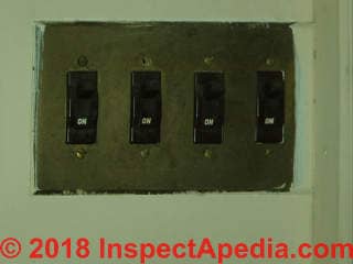GE circuit breakers from a 1936 home, Raleigh NC (C) InspectApedia.com Steve Smallman
