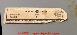 Old GE Electrical Panel TM18S label (C) InspectApedia.com Sherrill
