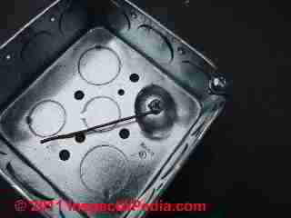 Ground connection in junction box © D Friedman at InspectApedia.com 