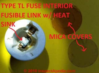 Type TL fuse interior showing its solder heat sink and copper fusible link (C) Daniel Friedman at InspectApedia.com