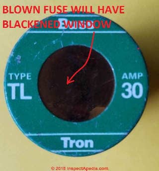 Blown screw in plug fuse (C) Daniel Friedman at InspectApedia.com