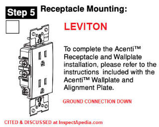 Duplex electrical receptacle install instructions showing the ground plug opening "down" - from Leviton's Acenti receptacle cited & discussed at InspectApedia.com