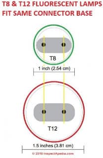T8 and T12 Fluorescent lamps fit in to the same connector base (C) InspectApedia.com