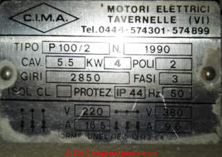 CIMA Tavernelle Motori Elettrici Tavernelle VI electric motor data tag (C) InspectApedia.com Mogmat
