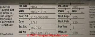 Westinghouse PRL1 225A electrical panel Label Data (C) InspectApedia.com