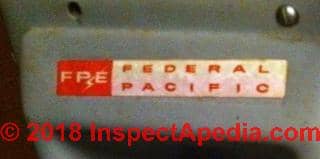 FPE Federal Pacific Electric panel label (C) Daniel Friedman at InspectApedia.com