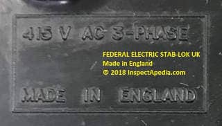 Embossed text showing Federal Electric circuit breaker "made in England" a UK product of unknown details (C) InspectApedia.com