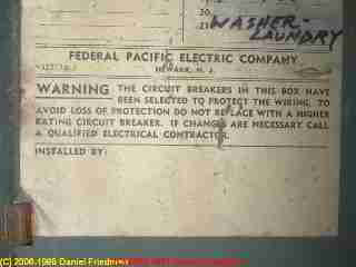 Photograph of an FPE Stab-Lok electrical panel label bottom