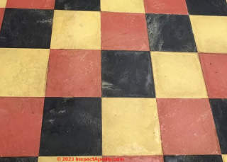 yellow, black, red solid color tiles 1960s house (C) InspectApedia.com Tracey