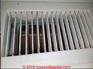 HVAC supply air duct lined with acoustic ceiling tiles, possible asbestos (C) Inspectapedia.com BK