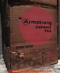 Armstrong asphalt floor tile box, 9x9 Seaspray Greeen D-911 pattern (C) InspectApedia.com reader S