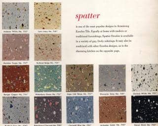 Armstrong Excelon floor tiles in the spatter pattern color series from a 1958 catalog (C) InspectApedia.com