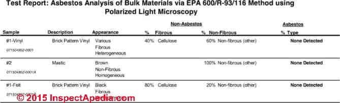 Asbestos test result on brick pattern sheet flooring (C) InspectAPedia PC